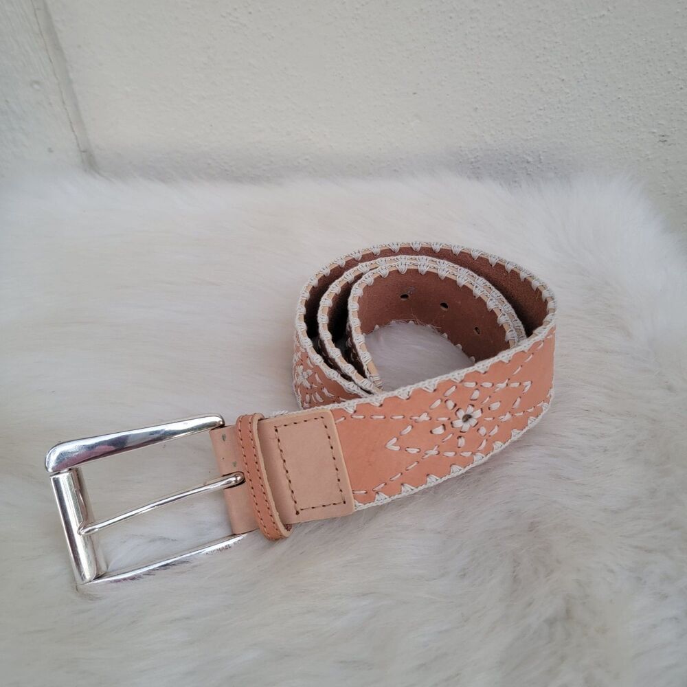 Michael Kors Big Buckle Tan Embroidered Wide Leather Waist Belt Boho Western L